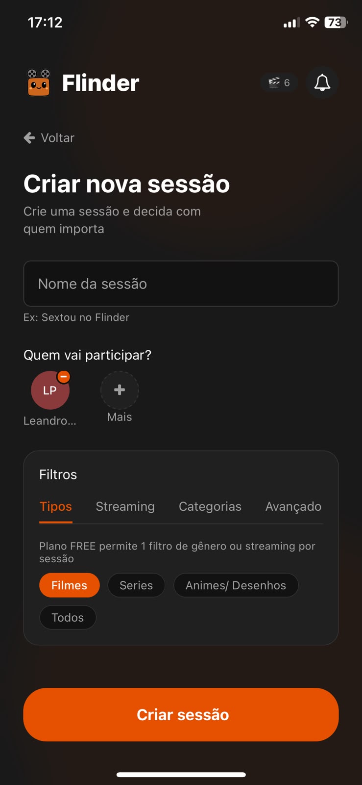 Tela de criar nova sessão com filtros de gênero e streaming