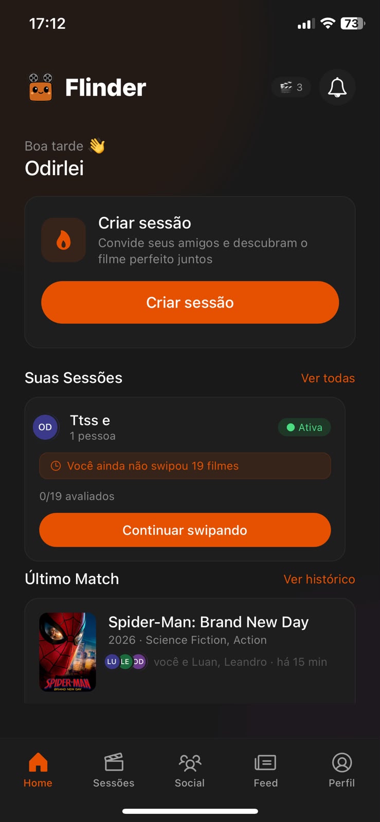 Tela inicial do app Flinder mostrando sessão ativa e último match