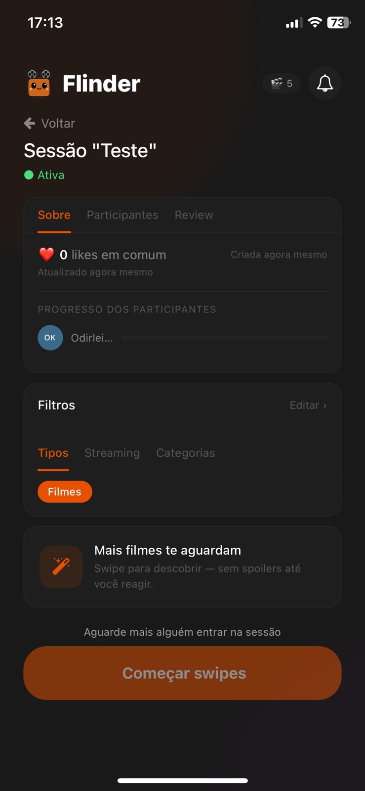 Tela de sessão criada com link de convite pra chamar amigos